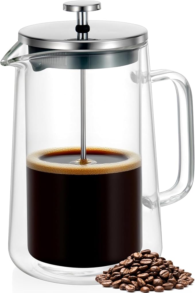 French Press Coffee Maker 34Oz (1 Liter), DoubleWall Insulated Borosilicate Glass, Heat-Resistant Design, Stainless Steel Filter for Coffee, Tea & Cold Brew