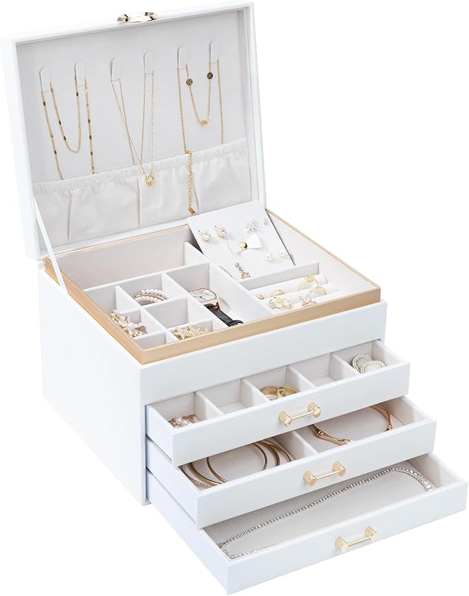 Jewelry Box for Women,4-Layer Leather Jewelry Holder Organizer with 3 Drawers Large Jewelry Storage Boxes, Lots of Storage Space For Ring,Necklace,Bracelets,Earring（White）