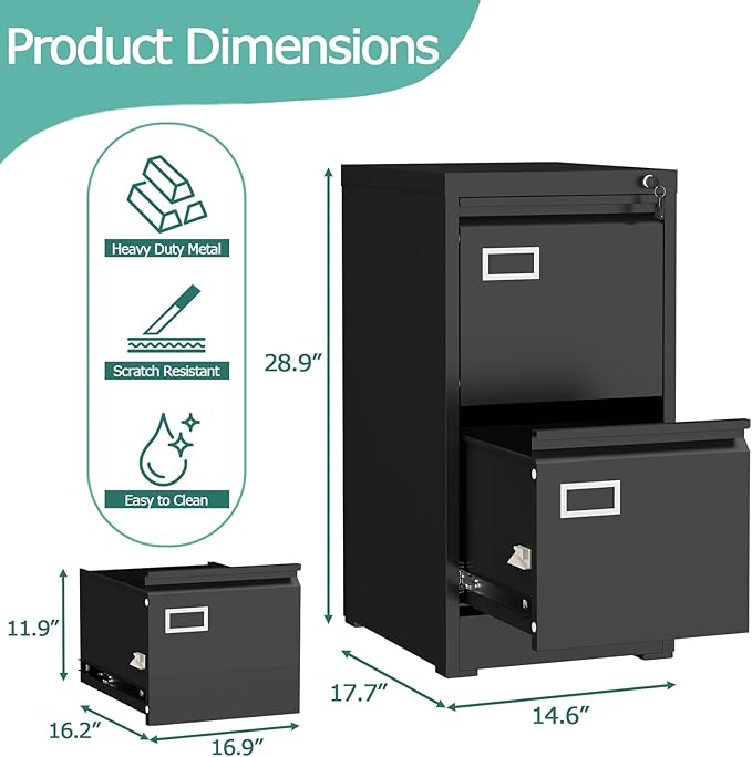 GREATMEET 2 Drawer File Cabinet with Lock, Small Metal File Cabinets for Home Office 2 Drawer, Black Vertical Filing Cabinets for Letter/Legal/A4/F4 Size File,Assembly Require