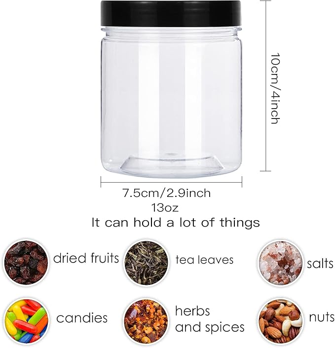 Rocutus 13oz Clear Plastic Storage Jars Containers,8 Pack Refillable Wide-Mouth Plastic Slime Containers for Beauty Products,Kitchen & Household Storage - BPA Free (13 OZ)