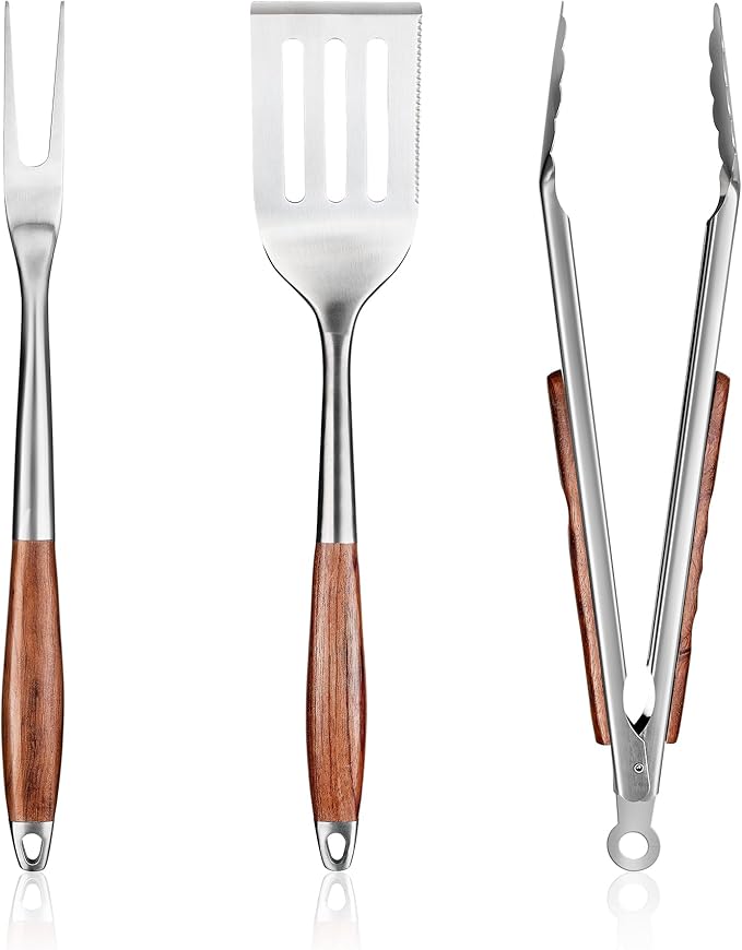 FJNATINH Heavy-Duty Grilling Accessories Rose Wooden BBQ Grilling Tools Set,Outdoor Grill Set with Spatula, Fork & Tongs,Essential Accessories for Barbecue & Grill. Ideal Gift for Men