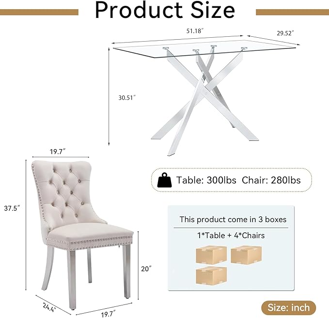 Goujxcy 5 Piece Glass Dining Table Set Modern Glass Dining Table Set for 4, 51" Rectangular Kitchen Table and 4 Velvet Upholstered Chairs for Kitchen Dining Room, Silver Table & Beige Chair