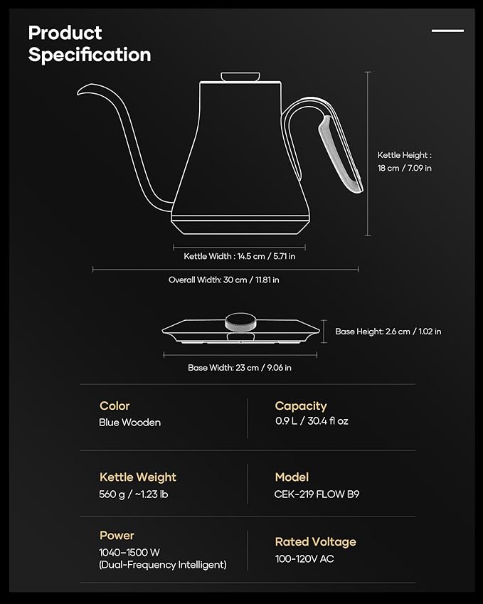 Cocinare FLOW B9 Gooseneck Electric Kettle, Precise Temperature Control for Pour-Over Coffee & Tea Brewing, Stainless Steel Interior, Rapid Heating for Boiling Water 1500W/0.9L (Picasso Blue)