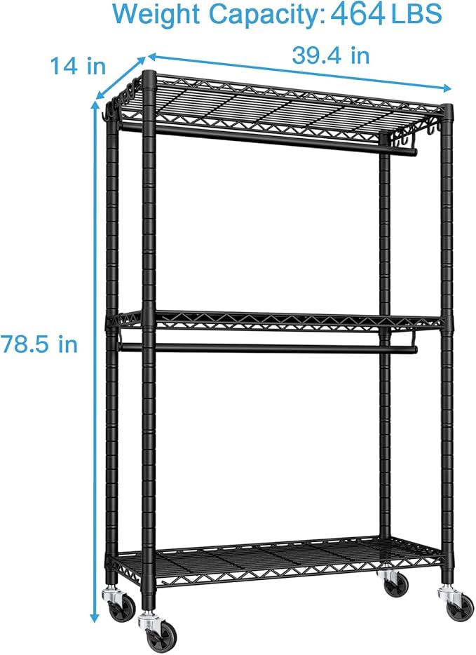 FUTASSI P3 Rolling Clothes Rack, Clothing Racks for Hanging Clothes, Heavy Duty Garment Rack with Wheels, Freestanding Portable Closet Organizer 39.4''W x 14''D x 78.5''H, Max Load 464 LBS, Black