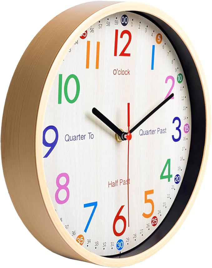 JoFomp Learning Clock for Kids | 10 inch Telling Time Teaching Wall Clock, Silent Non-Ticking Quartz Decorative Wall Clock for Teacher's Classrooms or Children's Bedrooms (Yellow)