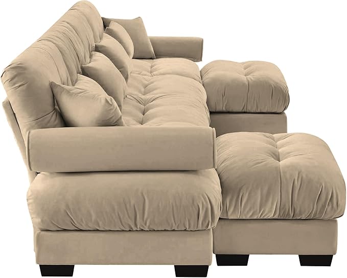 Ball & Cast 166" U Shaped Couch Sectional Couch,4 Seater Modular Couchs with Round Bolster Armrest,6 Pillows,Waist Pillows,Modern Corner Sofa w/ 2 Removable Ottomans,for Living Room,Camel