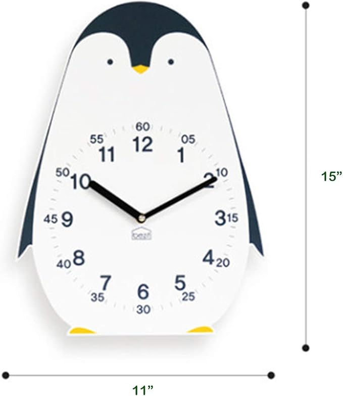 Non-Ticking, Silent 11-Inch Wall Clock – Decorative, Modern, Clean, Cute, Kid-Friendly Design for Indoor, Office, Home, Baby Room (Proud Penguin)