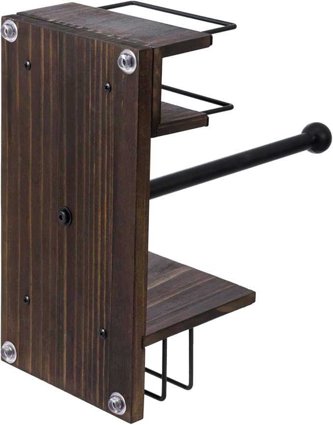MyGift Rustic Burnt Solid Wood and Industrial Matte Black Metal Dining Combination Caddy with Paper Towel Roll Dispenser Stand, Napkin Holder, and Spice Rack
