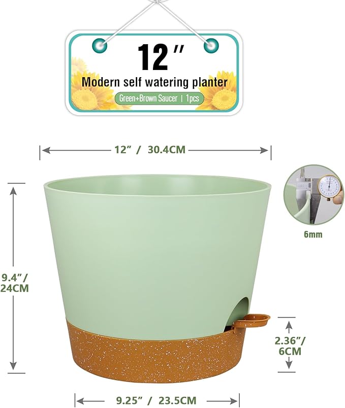 12 inch Large Self Watering Pots for Indoor Outdoor Plants, Flower Plant Pots with Drainage Holes for Garden House Plants, Plastic Planters with Reservoir for Home Plants, Green with Brown