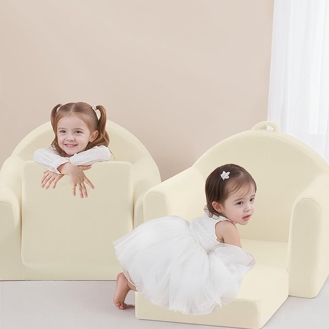 MeMoreCool Folding Toddler Chair, Comfy Plush Fold Out Kids Couch Sofa, Convertible Kid Sofa Bed, Flip Out Baby Recliner Foldable Children Sofa for Toddlers 1-4 Girls Boys, Beige