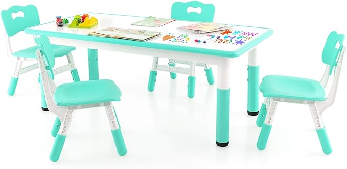 HONEY JOY Kids Table and Chair Set, Height Adjustable Children Activity Table and 4 Chairs Set w/Erasable Graffiti Desktop, Toddler Table and Chair Set for Daycare, Classroom, Home (Green)