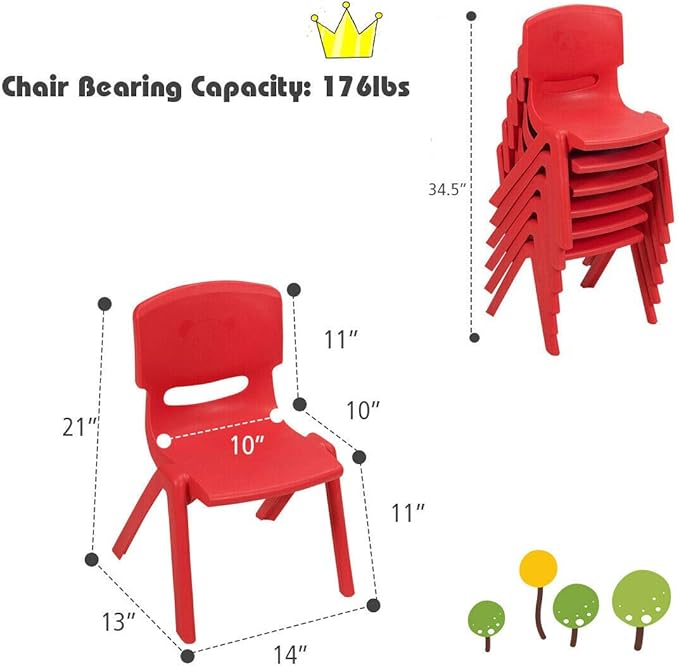 Costzon Plastic Stackable School Chairs, 6 Pack, Kids Learning Chairs with 11 inch Seat Height, Carrying Handle, Waterproof Children Chairs for Playrooms, Schools, Daycares and Home (6 Pack, Red)