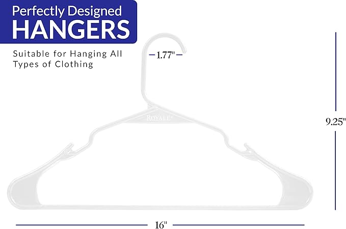 Royale Linens 60 Pack White Plastic Hangers for Clothes - Heavy Duty Clothes Hanger for Everyday Use - Lightweight & Space Saving Notched Plastic Hangers