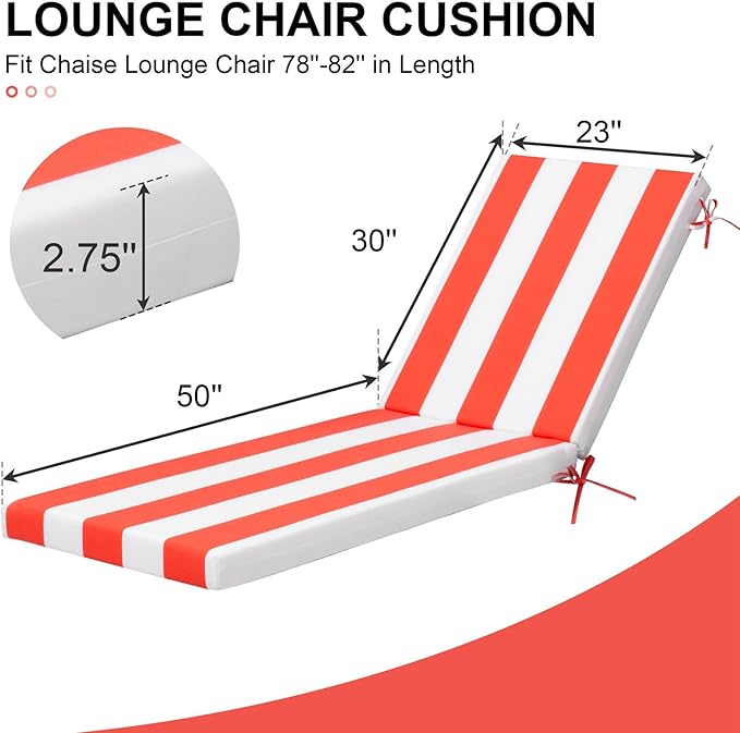 Crestlive Products Chaise Lounge Cushions Set of 2, Outdoor Cushions for Patio Furniture, Water Resistant Lounge Chair Cushion for Pool, Deck, Lawn, 80''L x 23''W, Red White Stripe