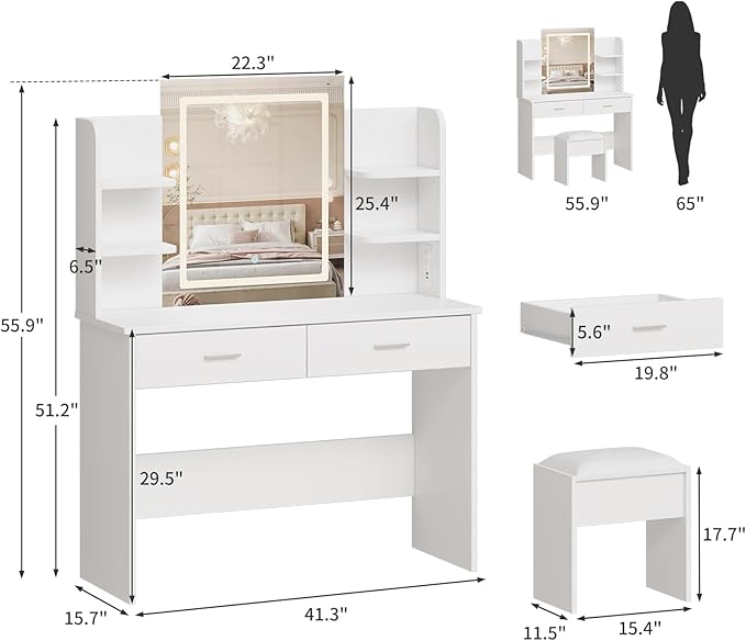 Garvee Vanity Desk with Lights | Tri-Mode LED Lighted Mirror & Charging Station | Makeup Vanity Set with 6 Shelves, 2 Drawers, Soft Cushion Stool | Dimmable Vanity Desk for Bedroom (White)