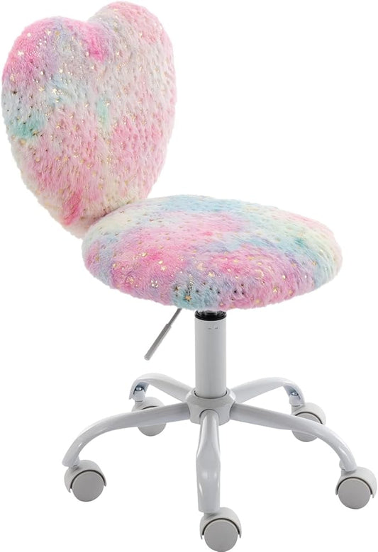 Cute Fuzzy Kids Chair for Teenage Girls - Rolling Study Desk & Computer Task Chair with Adjustable Heart Shaped Reading Vanity Seat, Colorful