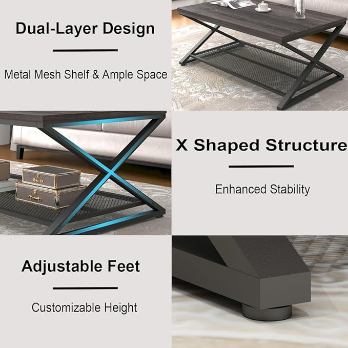 LVB Industrial Grey Coffee Table, 2 Tier Wood Metal Living Room Table, Wooden Rectangle Center Table with Storage, Farmhouse Low Cocktail Tea Table for Home Office Bedroom, Dark Gray Oak, 39 Inch