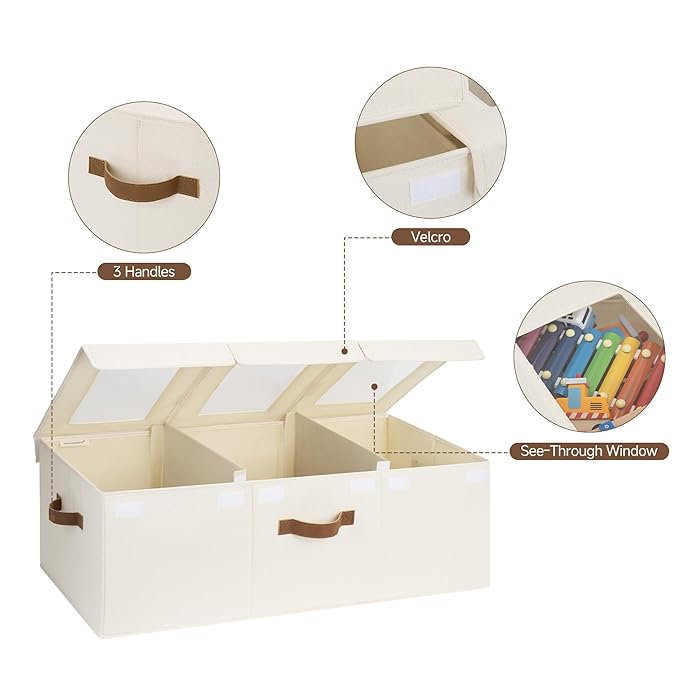 StorageWorks Large Toy Storage Bins with Lids, Collapsible Sturdy Toy Chests, Storage Chests with Dividers for Nursery, Living Room, Playroom, Bedroom, Beige