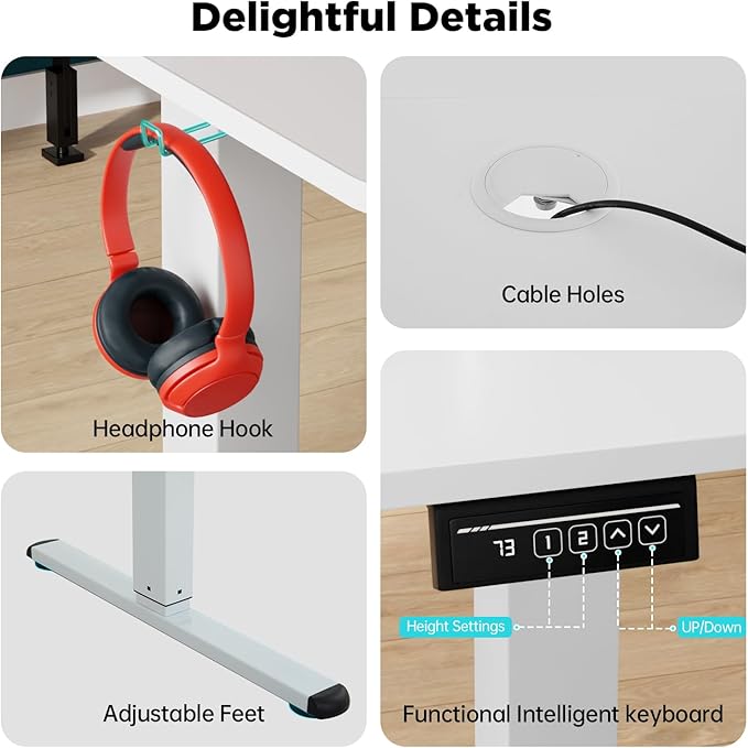 PayLessHere 55 Inch Electric Standing Desk Computer Desk with Large Space and Headphone Holder Office Desk with Electric Lifting and 2 Memory Function for Office Bedroom Meeting Room,White