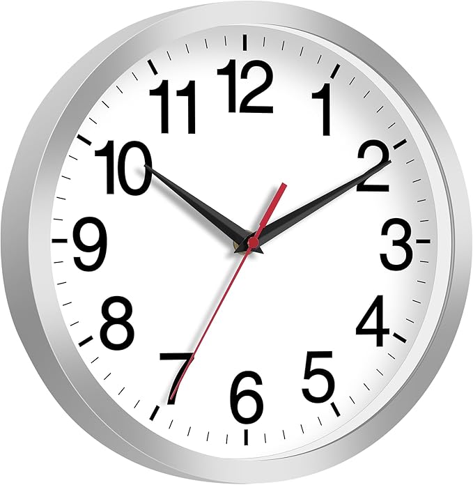 14 Inch Wall Clock Modern Battery Operated Silent Non Ticking Analog Clock Decorative for Bedroom Kitchen Bathroom Office Home Living Room (Silver)