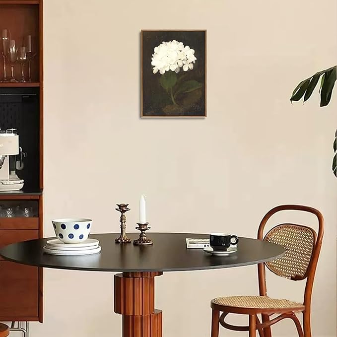 Djmwtb Vintage Framed Wall Art Floral Canvas Wall Art Prints White Hydrangea Paintings Flower Botanical Aesthetic Pictures Wall Decor Artwork for Living Room Bedroom Bathroom Office 16x24in