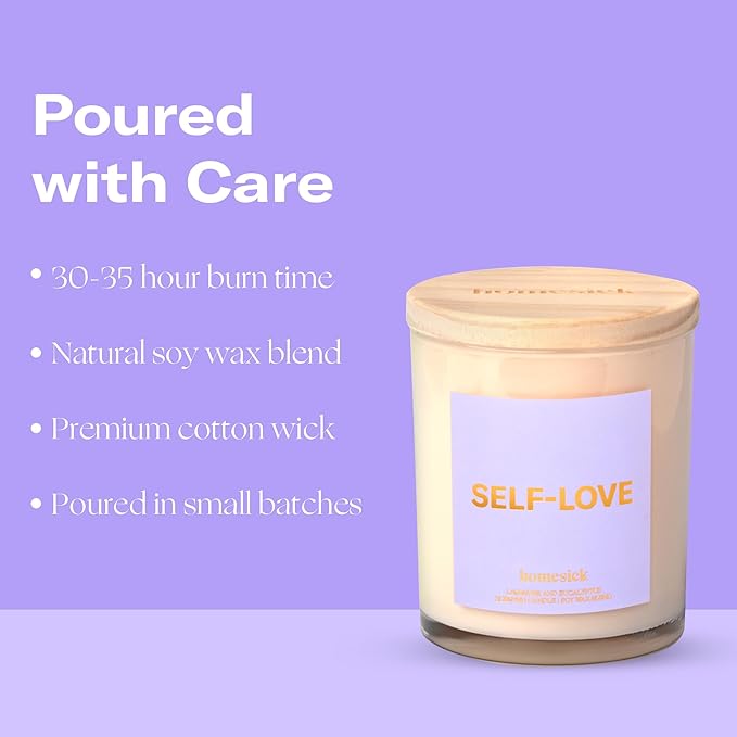 Homesick Scented Candles for Home (Self-Love) - 7.5 oz Long-Lasting Natural Soy Wax Blend Jar Candle Gift for Women & Men for All Occasions, 30-35 Hours Burn Time - Notes of Eucalyptus & Lavender
