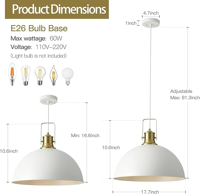 18 Inch White Farmhouse Pendant Lights for Kitchen Island Industrial Haning Lamp Adjustable Height Vintage Dome Hanging Light Fixtures for Barn, Dining Room