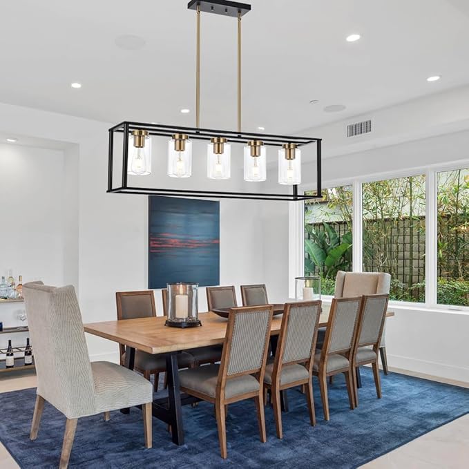 VINLUZ Farmhouse Chandeliers for Kitchen Island with Clear Glass Shade Black and Brushed Brass 5 Light Dining Room Lighting Fixtures Hanging, Rectangle Pendant Lights Industrial Ceiling Light