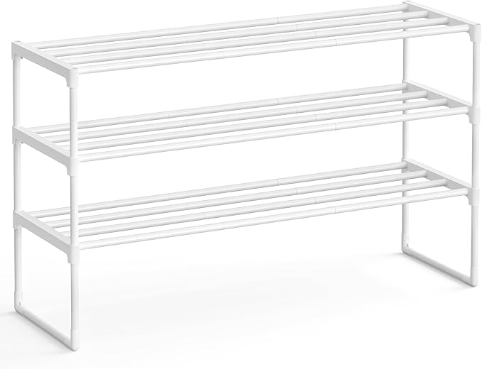 SONGMICS Shoe Rack, 3-Tier Shoe Organizer, Metal Storage Shelf, Upright or Upside Down, for 16-20 Pairs, Stackable, for Entryway, 11.8 x 36.2 x 21.7 Inches, Pearl White ULSA303W03