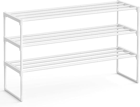 SONGMICS Shoe Rack, 3-Tier Shoe Organizer, Metal Storage Shelf, Upright or Upside Down, for 16-20 Pairs, Stackable, for Entryway, 11.8 x 36.2 x 21.7 Inches, Pearl White ULSA303W03