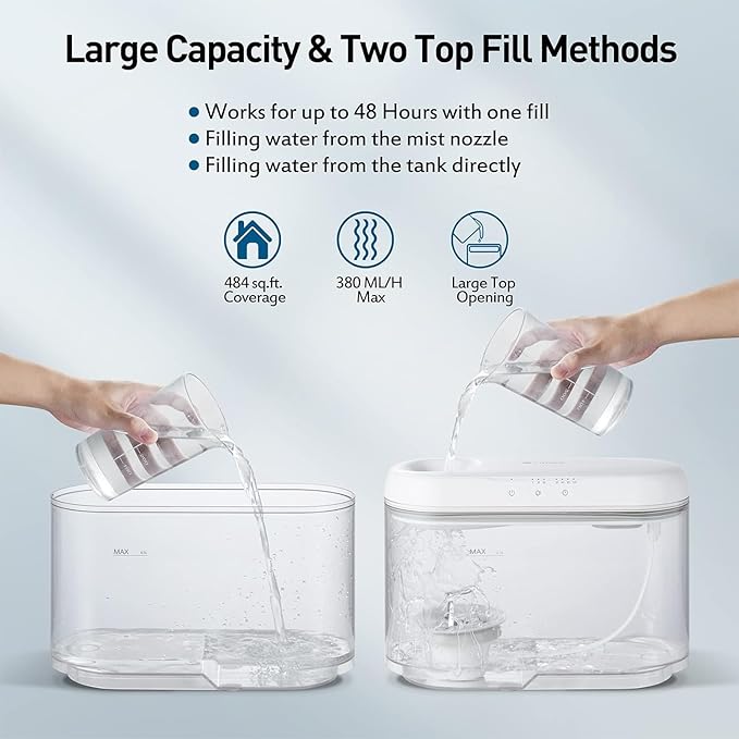 Top Fill Humidifiers for Bedroom Large Room, Super Easy Clean Humidifier with Only 3 Washable Parts to Clean, 1.3Gal 4.5L Ultrasonic Cool Mist Humidifier, Filter-free, 25dB Ultra-quiet for Baby