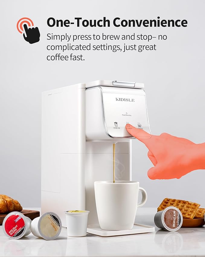 Hot & Iced Coffee Maker for K-Cups & Ground Coffee, Single-Serve Brewer with Bold Setting, Reusable Filter, Travel Mug Friendly, Compact & Quick Brew, White