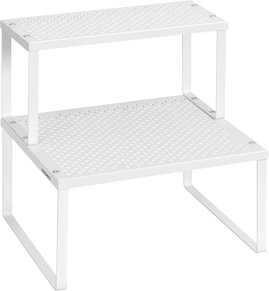 SONGMICS Spice Racks, Set of 2 Metal Cabinet Shelf Organizers, Countertop Organizers, Shelf Risers, Stackable, Expandable, White UKCS005W01