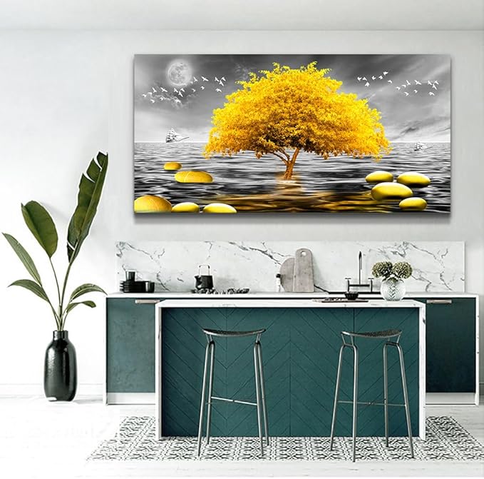 Wapluam Canvas Wall Art For Living Room Large Wall Decor For Bedroom Modern Office Wall Decoration Black And White View Wall Painting Yellow Tree Pictures Artwork For Walls Room Home Decor 40X20 in