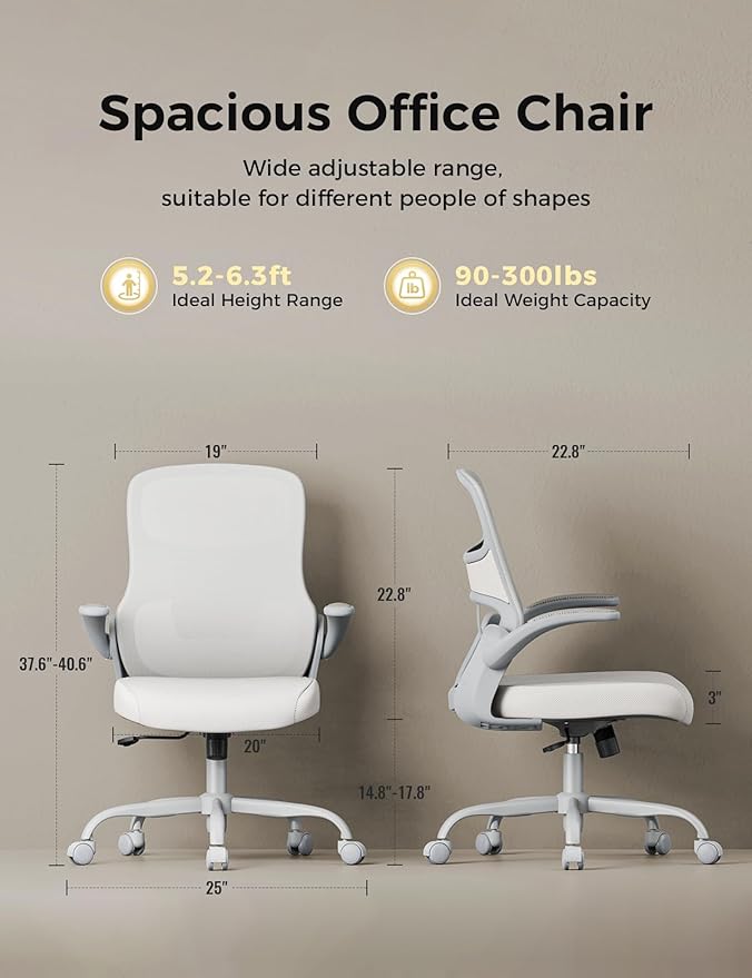 Office Chair, Mesh Ergonomic Desk Chairs, Lumbar Support, Adjustable Height, Flip-up Armrests, Swivel Function and Smooth-Rolling Wheels for Home, Office and Gaming (Gray)