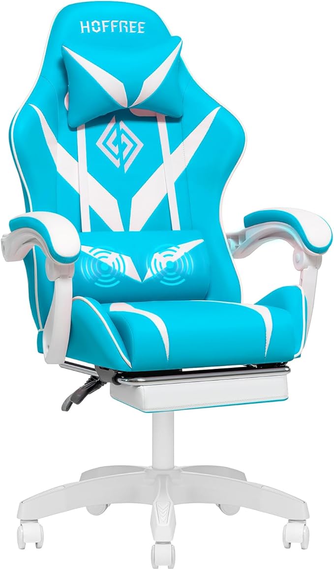 HOFFREE Massage Gaming Chair for Kids Computer Gamer Chair with Footrest and Lumbar Support Reclining PC Game Chair with Headrest for Gaming Room Light Blue and White