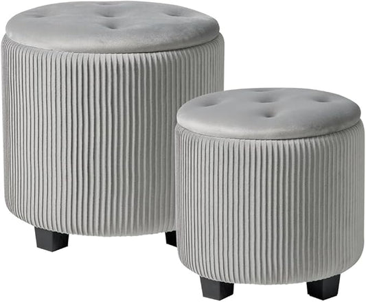 Big Round Ottoman with Storage Set of 2,Upholstered Velvet Vanity Stool for MakeupMultifunctional Foot Rest Coffee Table Padded Seat Tufted Ottomans for LivingRoom&Bedroom(Grey)