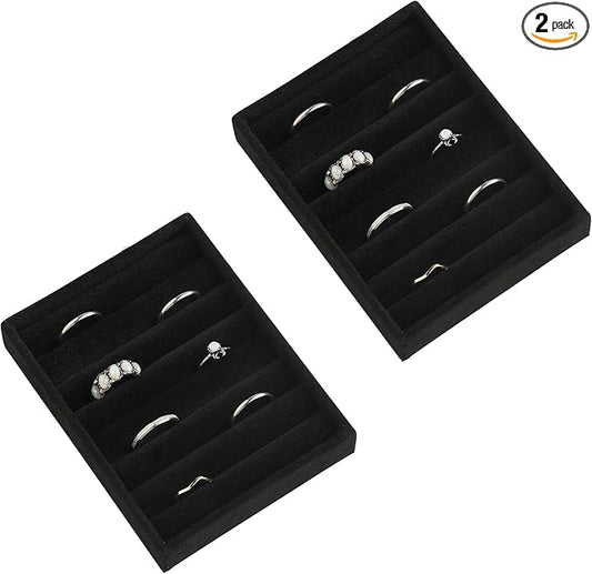 Frebeauty Small Jewelry Tray Set,Velvet Ring Organizer,Stackable Jewelry Organizer Tray,Mini Jewelry Drawer Organizer,4.92 x 3.74 x 0.9 Inches,7 Slots Ring Tray for Women (Set 2,Black)