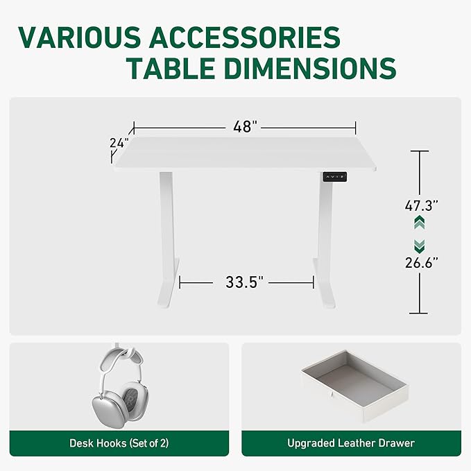 FEZIBO 48 x 24 Inches Standing Desk with Drawer, Adjustable Height Electric Stand up Desk with Storage, Sit Stand Home Office Desk, Ergonomic Computer Desk, White