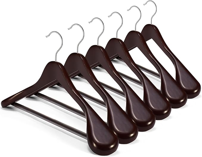 HOUSE DAY Wood Suit Hangers for Men, Wide Shoulder Wooden Hangers with Non Slip Pants Bar, Smooth Retro Finish 360° Swivel Hook Solid Wood Coat Hangers for Heavy Clothes Hanger 6 Pack (Cherry Wood)