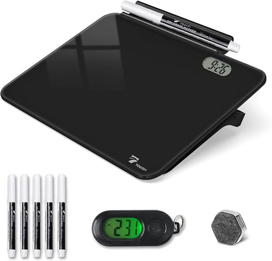 TOWON Small White Board for Desk with Clock, Small Desktop Whiteboard Glass with Pen Holder, Time Reminder Dry Erase Board, Whiteboard for Desk, Digital LCD Display, for Home Office, Black, 8 x 6 in