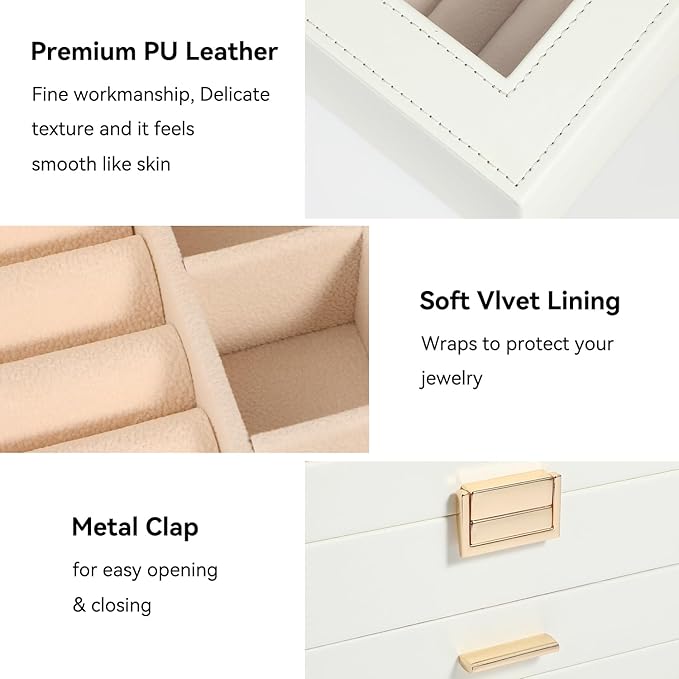 Voova Jewelry Box Organizer for Women Girls, 3 Layer PU Leather Jewelry Storage Case with Glass Lid & 2 Drawers, Large Jewellery Display Holder for Necklaces Rings Earrings Bracelets, White