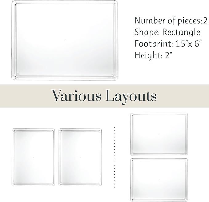 STORi SimpleSort 2-Piece Stackable Clear Drawer Organizer Set | 12" x 9" x 2" Rectangle Trays | Wide Makeup Vanity Storage Bins and Office Desk Drawer Dividers | Made in USA