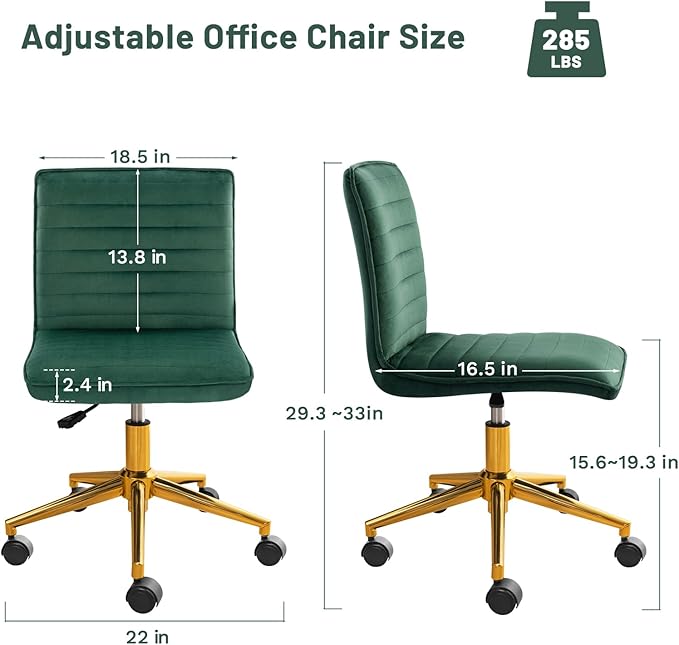 Furniliving Armless Vanity Chair with Wheels, Computer Rolling Desk Chair with Back Soft Velvet Fabic Height Adjustable Gold Metal Base Swivel Stool Chairs,DarkGreen