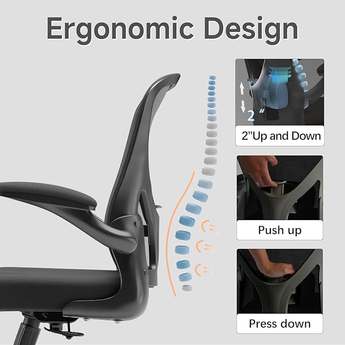 Ergonomic Office Chair with Adjustable Flip-Up Armrests & Lumbar Support - Thickened Cushion Desk Chair with Wheels, Home Office Computer Chair (Black)