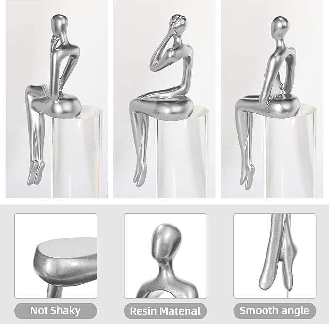 Thinker Statue Gold Decor Abstract Art Sculpture, Golden Resin Collectible Figurines for Home Living Room Office Shelf Decoration,Great Gifts Ideas (Sitting Posture-Silvery)