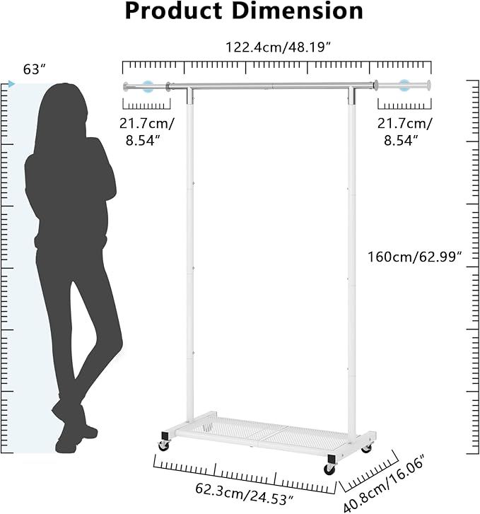 JIUYOTREE Rolling Clothes Rack with Dense Mesh Storage Shelf Clothing Garment Rack with Wheels Width Adjustable Clothing Organizer for Hanging Clothes Shirts Pants Skirts and Bags White