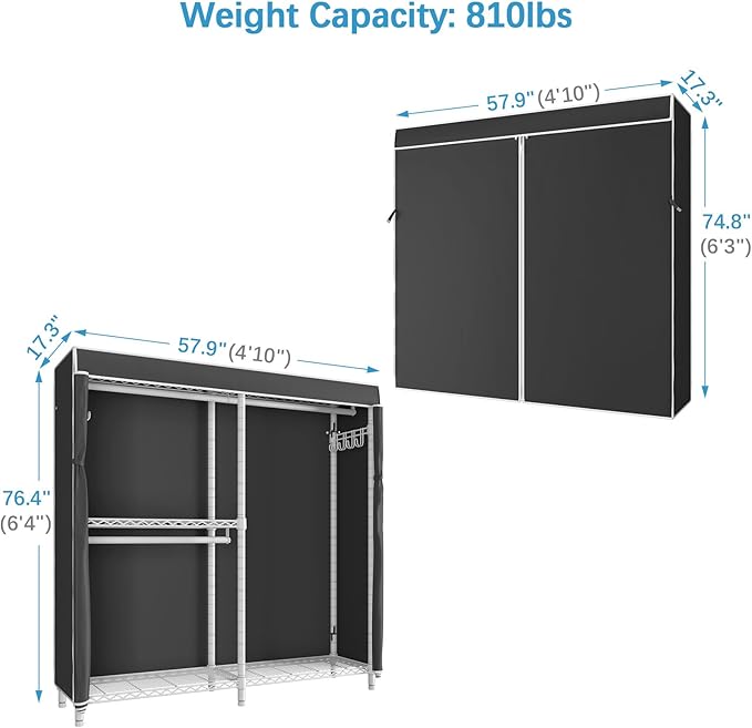 VIPEK V4C Garment Rack with Cover, Heavy Duty Portable Closet Adjustable Metal Clothing Rack for Hanging Clothes with Hanging Rods & Side Hooks, Max Load 810lbs, White Rack with Black Cover