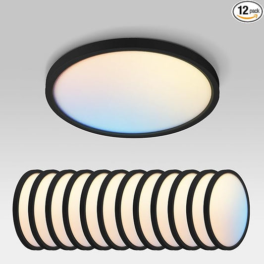 ASD LED 9" Round Flush Mount Ceiling Light Fixture, Low Profile Surface Lighting | 5CCT, Dimmable, Ultra-Thin, ETL Listed | 18W 1660LM 2700-6000K 120V | Kitchen, Bedroom, Hallway Lamp | Black, 12 Pack