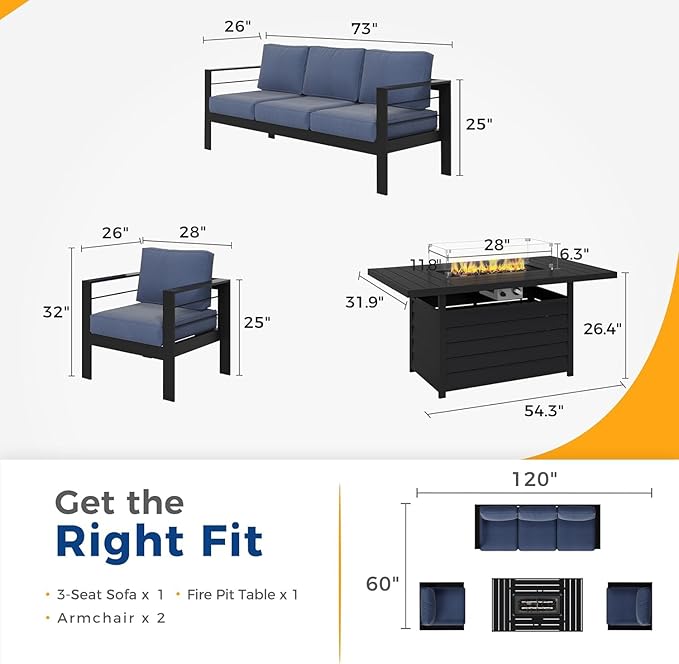 Wisteria Lane Aluminum Patio Furniture Set, 5 Seats Metal Outdoor Furniture Set with CSA Certified 54in Propane Gas Fire Pit Table, Patio Conversation Set with 5in Olefin Cover Cushions, Blue